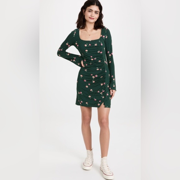 FREE PEOPLE 🆕Celia mini dress green pink floral long sleeves large - Picture 14 of 15
